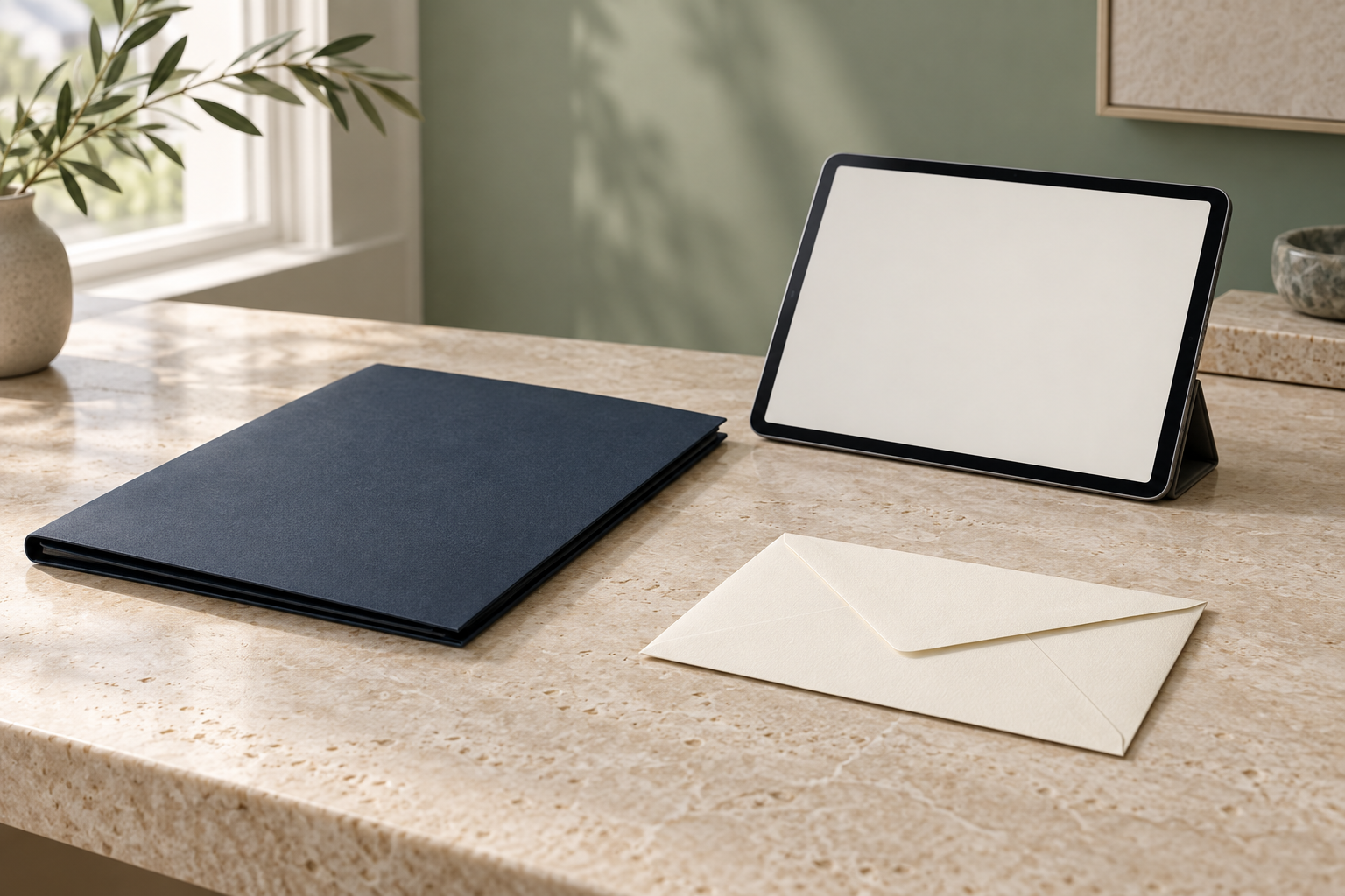 Dokumentenmappe, Tablet und Briefumschlag