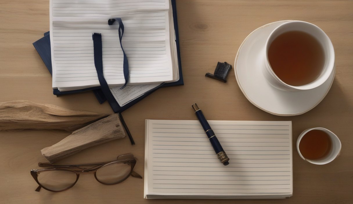 Ein Stapel Unterlagen, eine Lesebrille und eine Tasse Tee auf einem Holztisch, von oben fotografiert.