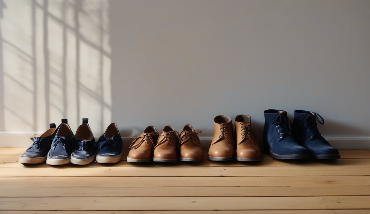 Schuhe von Erwachsenen und Kindern stehen nebeneinander im Flur einer Wohnung.