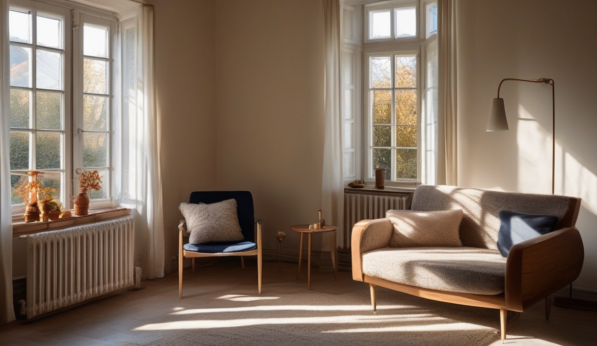 Ruhiges Wohnzimmer mit Sessel am Fenster und Blick in einen herbstlichen Garten