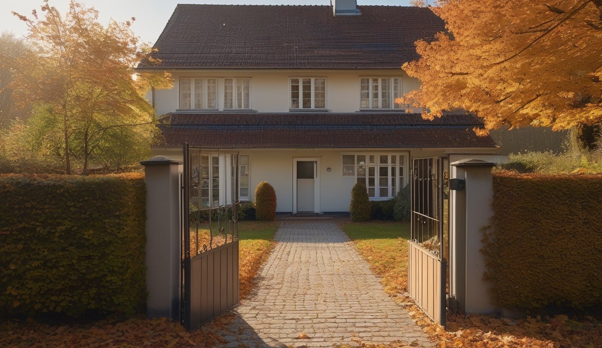 Älteres Einfamilienhaus mit offenem Gartentor und Herbstlaub auf dem Weg