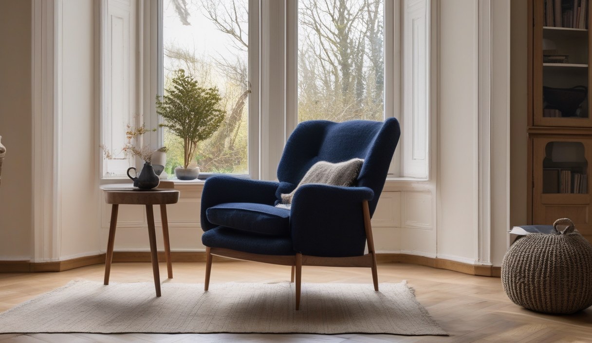 Blauer Ohrensessel am Fenster in einem ruhigen Wohnzimmer