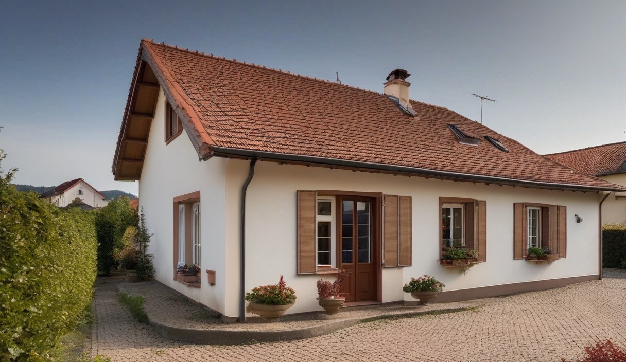 Einfamilienhaus mit Ziegeldach, Fensterläden und Blumen vor dem Eingang