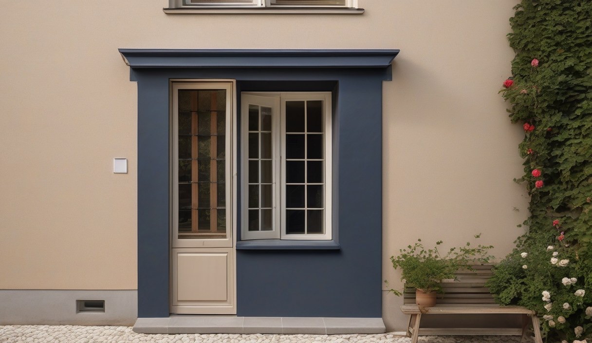 Hauswand mit Rosen, Holzbank und Fenstern eines älteren Wohnhauses