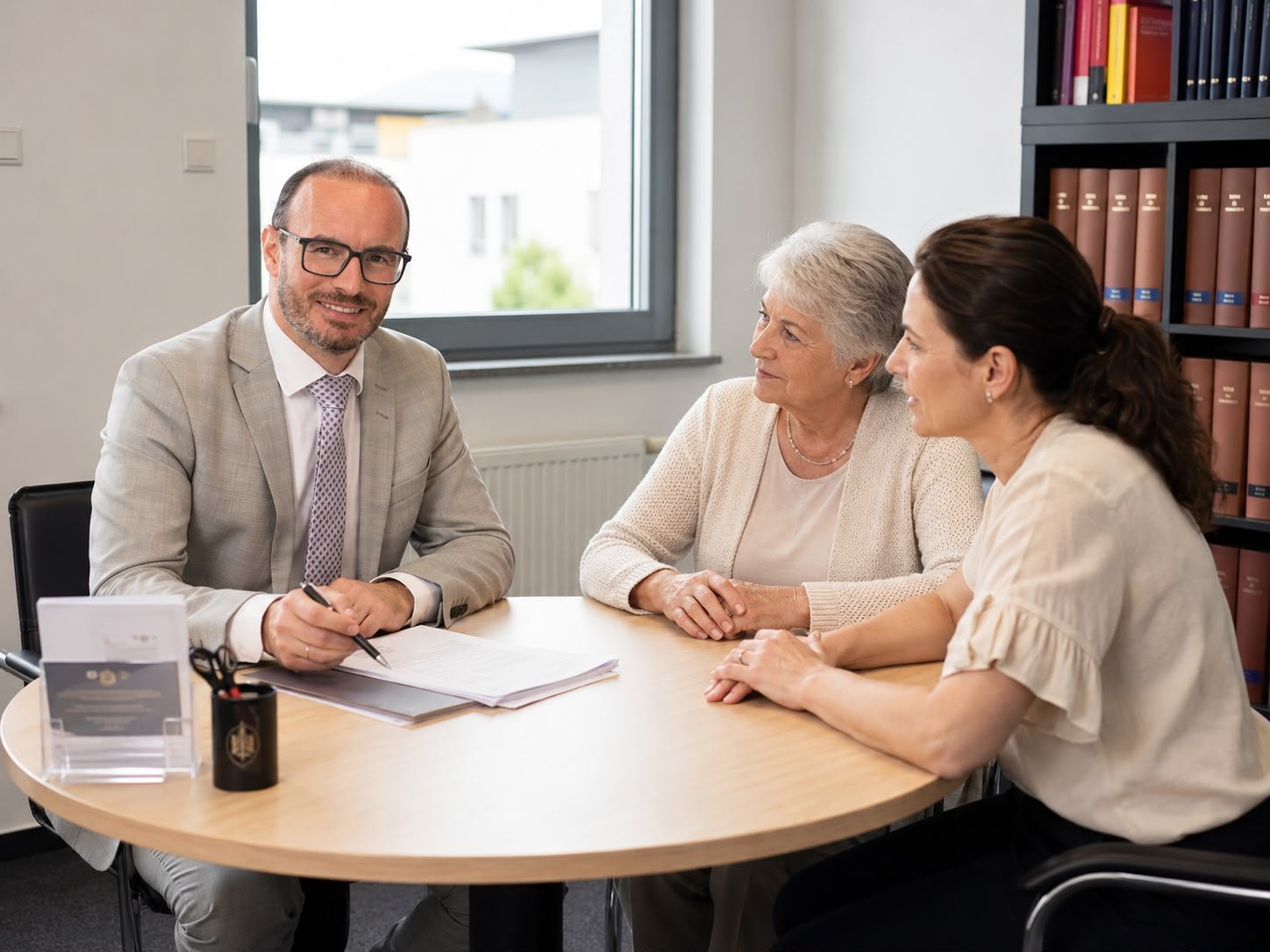 Dr. Nicolas Rohde bespricht Unterlagen mit zwei Mandantinnen am runden Tisch